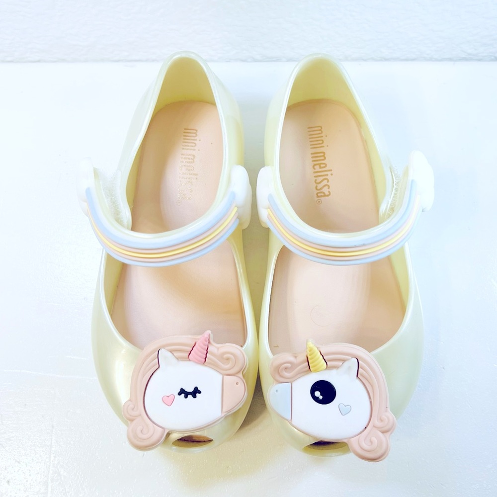 ♥️HP Mini Melissa Ultragirl Unicorn Ballet Flat Sz 7 White Pearl Pink Jellies